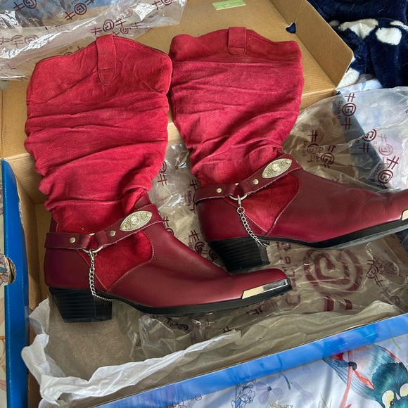 Oak Tree Farms Shoes - Women's Red Slouchy Western-Inspired Mid-Calf Heeled Boots